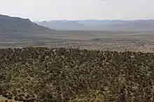 Vue panoramique du sommet d'une colline du ranch Pitchfork avec au fond une chaîne de montagnes.