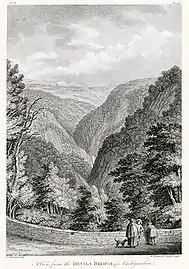 A view from the Devils Bridge, in Cardiganshire (1781, lithographie d'après Samuel Hieronymus Grimm (en), Bibliothèque nationale du pays de Galles).