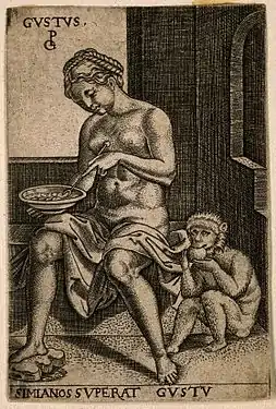 Georg Pencz, Les cinq sens : le goût, 1/5, 1539, burin, Bartsch 108.