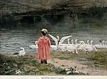 Léon Delachaux - Jeune fille rencontrant des oiseaux au bord d'un lac.