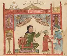 Miniature persane représentant une maison, où une femme en vert tisse au rouet au centre, tandis que son fils en rouge et son mari en bleu discutent à droite.