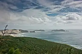 Succession de tombolos du cap Reinga, péninsule d'Aupouri, Nouvelle-Zélande