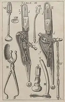 reproduction d'une page de dessin d'instruments chirurgicaux du dix spetièmesiècle montrant entre autres deux exemples d'abaisse-langues métalliques