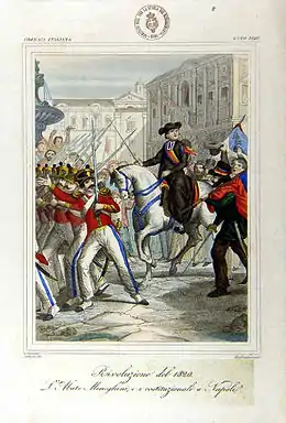 Dessin en couleurs d'un ecclésiaste sur un cheval entouré de soldats entrant dans une ville