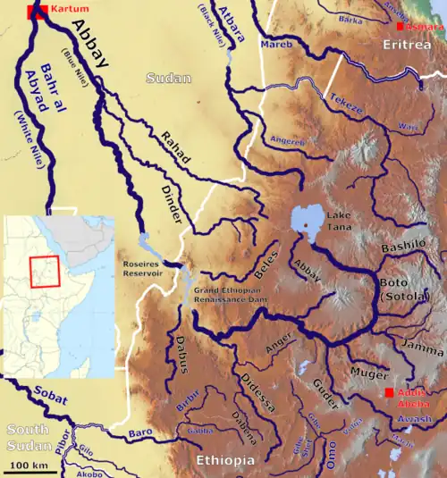 Cours des rivières Dabus, Baro, Birbir et Gebba selon l'une des cartes.