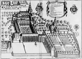 L'abbaye de Corbie, planche gravée du Monasticon Gallicanum publiée en 1677.