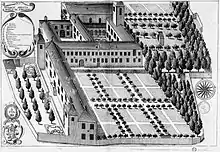 Dessin en noir et blanc présentant l'abbaye« Les visites culturelles », Site « ville-soreze.fr » de la ville de Sorèze (consulté le 11 octobre 2015) en vue aérienne faisant office de plan.