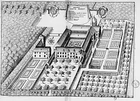 Planche gravée du XVIIe siècle représentant l'abbaye Saint-Basle de Verzy, dans le livre Monasticon Gallicanum.