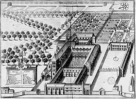 Planche gravée du Monasticon Gallicanum représentant l'abbaye Saint-Faron telle qu'elle était au XVIIe siècle