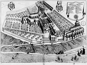 Planche gravée du XVIIe siècle représentant l'abbaye Saint-Michel du Tréport, dans le livre Monasticon Gallicanum.