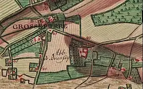 Mention de l'abbaye de Beaufays sur la carte de Ferraris (1770-1778).