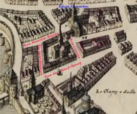 Vue d'artiste de l'abbaye de St Symphorien à Metz, extrait d'une carte de Merian, Matthäus (1593-1650), publiée en 1638 (source Gallica : http://catalogue.bnf.fr/ark:/12148/cb40627674t