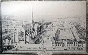 L'abbaye avec son église, actuellement la rue Libergier, l'entrée du musée sur la droite,