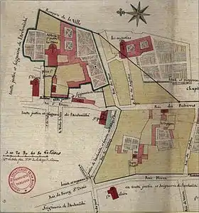 En haut à gauche : l'enceinte de l'abbaye sue un plan de 1776, archives départementales de la Marne.