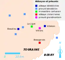 Carte en couleurs montrant par un jeu de points de couleurs l'emplacement d'abbayes.