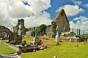 Photographie de ruines d'une église dans un cimetière, comprenant deux pignons et les murs latéraux