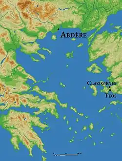 Carte de la Grèce et de la mer Égée indiquant Abdère, près de l'embouchure du fleuve Nestos, en face de l'île de Thasos.