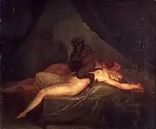 Peinture de 1800 représentant une créature noire, obèse, les yeux brillants, oreilles pointues, assise sur le ventre d’une femme endormie.