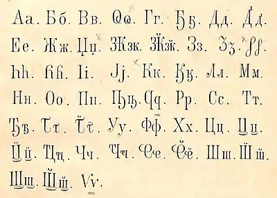 Alphabet cyrillique abkhaze de Gulia et Machavariani dans un abécédaire publié en 1892.