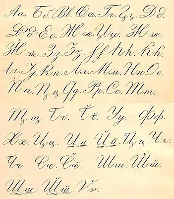 Alphabet abkhaze en écriture cursive dans Gulia et Machavariani 1892.