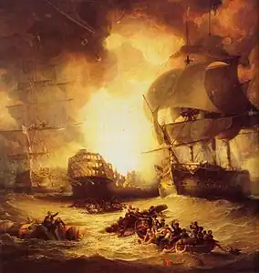 Marine. Sur des barques ou des espars flottants, les marins fuient un navire en feu
