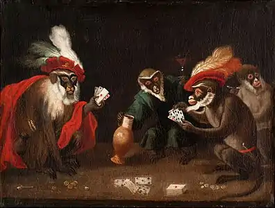 Singes jouant aux cartes (par un suiveur d'Abraham Teniers, n. d., coll. privée)