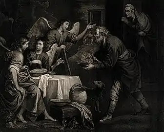 Abraham gives food to his three strange guests, aquatinte d'après Bartolomé Esteban Murillo, 1781.