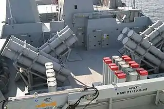 Les modules StanFlex portant les missiles Harpoon et RIM-162 ESSM.