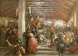 Départ de volontaires pour l'Italie le 3 avril 1848 – Alois Schönn (1826-1897) – Des volontaires se rassemblent à la gare (Gloggnitzer Bahn), avant de rejoindre l'armée de Radetzky en Italie.