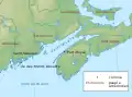 Carte de l'Acadie de 1610 à 1613, montrant les deux établissements et les peuples amérindiens.