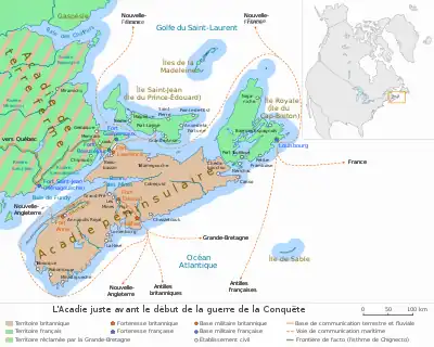 Carte de l'Acadie juste avant le début de la guerre de la Conquête.