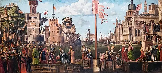 La Rencontre des fiancés et le départ en pèlerinage, d’après l’Histoire de sainte Ursule de Vittore Carpaccio (1490-1495)