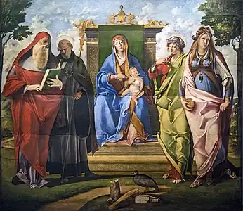Benedetto Rusconi, Vierge et l'Enfant avec saint Jérôme, Benoît, Marie-Madeleine et Justine (vers 1515)
