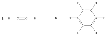 Bilan réactionnel de la trimérisation de l'acétylène ; réactif : 3 acétylène C2H2 ; produit : benzène C6H6
