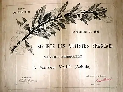 Diplôme du Salon des artistes français de 1896. Document non sourcé.
