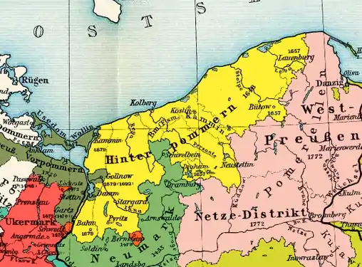 Poméranie ultérieure en 1800 (Hinterpommern, en jaune).