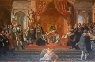 Un homme vêtu d'un manteau royal et portant un sceptre est assis sur un trône, tandis qu'il reçoit un baisement de la part d'un autre homme en habit de cour. Une assemblée nombreuse regarde la scène