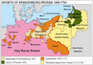 Les territoires polonais acquis par la Prusse de 1772 à 1795 (en jaune).