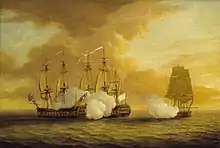 Exemple illustratif d'une bataille entre des bateaux corsaires (ici un navire corsaire français le Du Teillay et l'Elisabeth qui s'opposent au HMS Lion au 18e siècle)