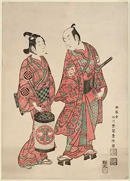Estampe des acteurs de théâtre kabuki Nakamura Shichisaburō II et Sanogawa Ichimatsu par Ishikawa Toyonobu, signée « Meijōdō Ishikawa Shūha Toyonobu zu », 1740.