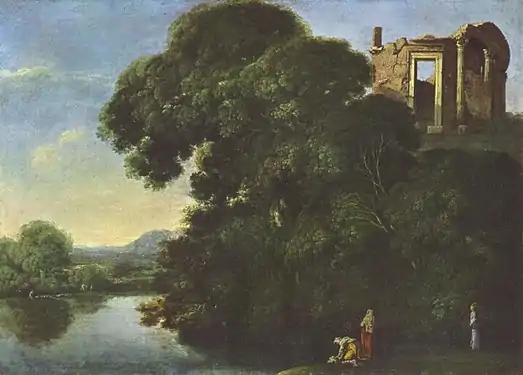 Paysage avec le temple de Vesta à TivoliAdam Elsheimer, 1600.