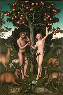 Peinture d'un homme et une femme nus, entourés d'animaux, qui se tiennent debout de part et d'autre du tronc d'un pommier chargé de fruits. Ils tiennent ensemble une pomme à la main.