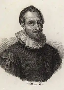 Gravure, portrait d'un homme avec moustache et barbichette, portant une fraise.