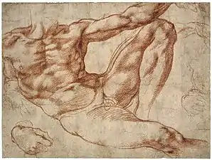 Michel-Ange, Études d'un homme nu penché: Adam (préparatoire au tableau La Création d'Adam, dans la chapelle sixtine), ca. 1511.