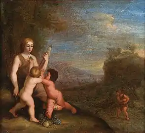 Ève et ses deux enfants, Abel le blond et Caïn le brun.