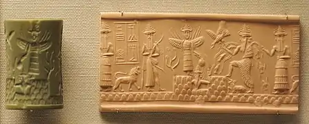 Sceau-cylindre d'Adda et impression représentant une scène d'« épiphanie » avec Enki/Ea, Ushmu, Utu/Shamash et Inanna/Ishtar. British Museum.