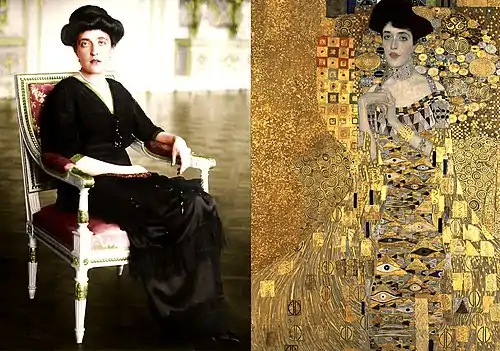 A gauche, photographie d'une femme assise, peu souriante et vêtue de noir. A droite, le tableau de Klimt, entièrement doré et montrant une femme stylisée.