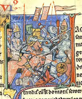 Adhémar de Monteil tenant la Sainte Lance d’Antioche lors de la sortie contre les Turcs. Enluminure médiévale.