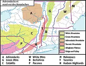 Carte des chaînes du nord-est américain des Appalaches et des Adirondacks.