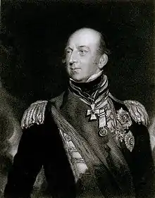 gravure noir et blanc : portrait d'un homme chauve, en grand uniforme